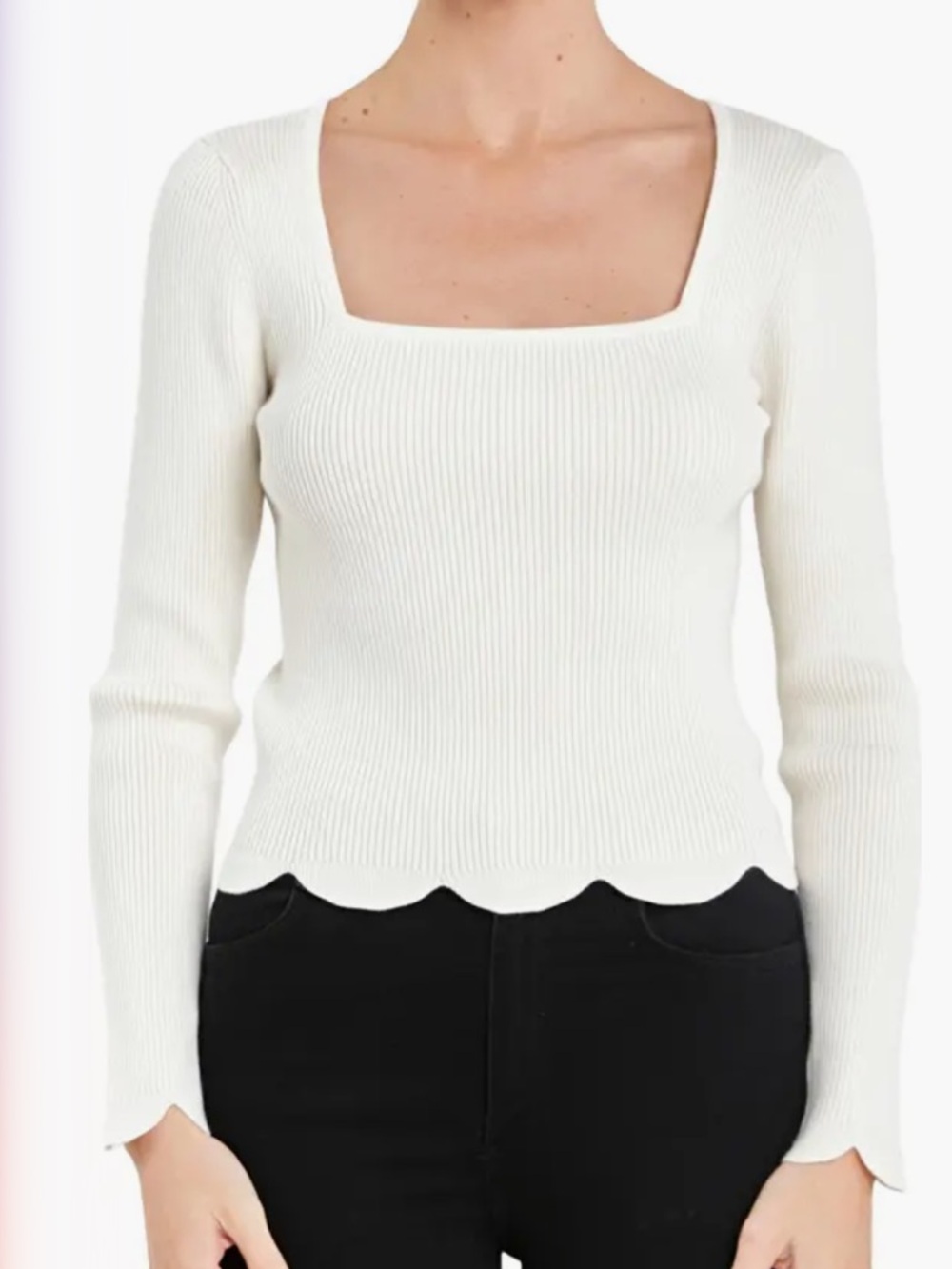 English Factory Cream Ribbed Sweater with Scallop Hem